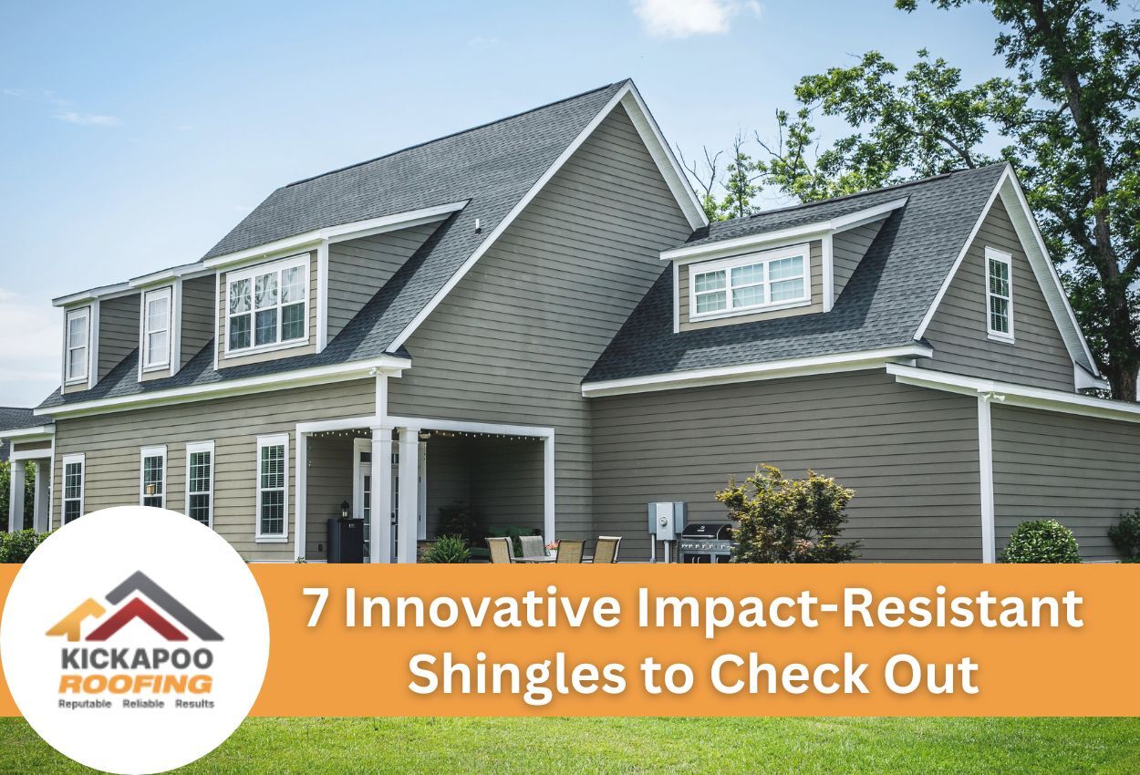 Modern home featuring impact-resistant shingles and Kickapoo Roofing logo.
