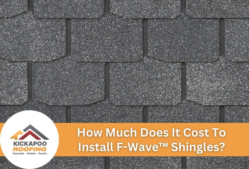 Gray textured shingles with Kickapoo Roofing logo and cost inquiry text.