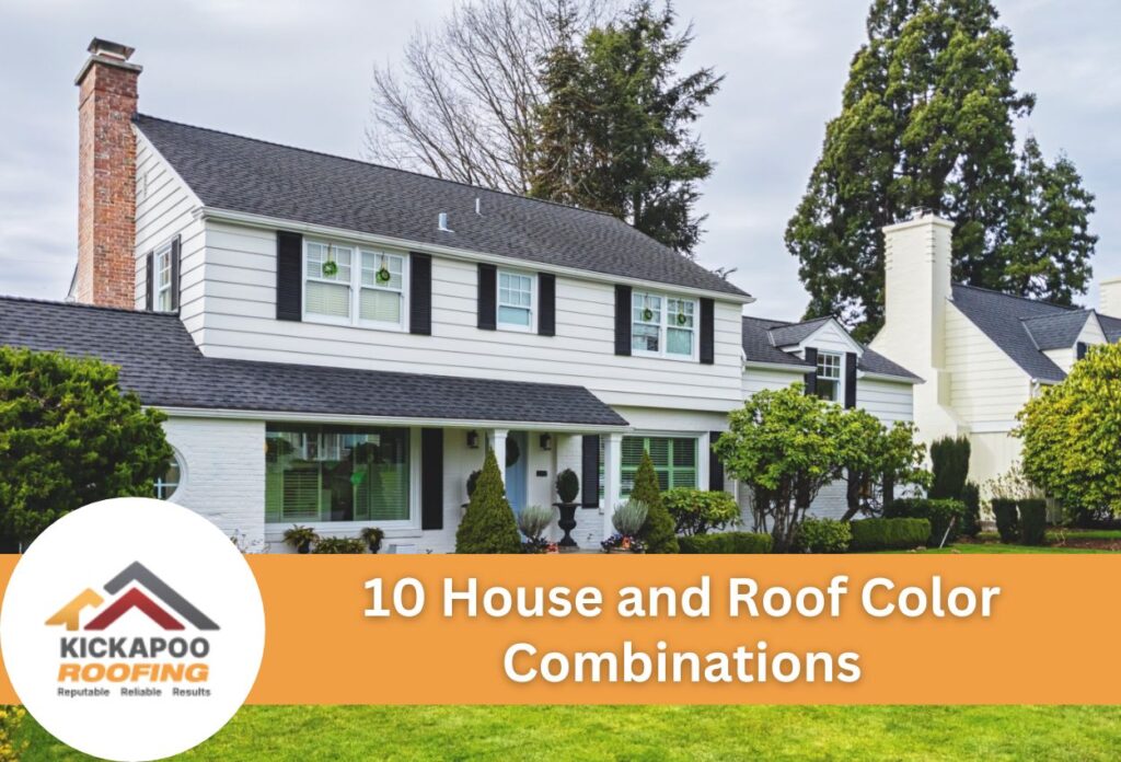 Elegant white house with dark roof surrounded by lush greenery, showcasing color combinations.