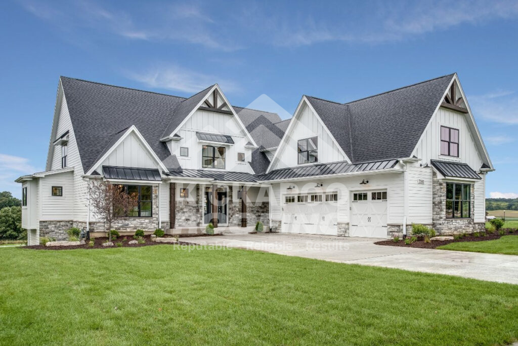 White siding with a gray roof