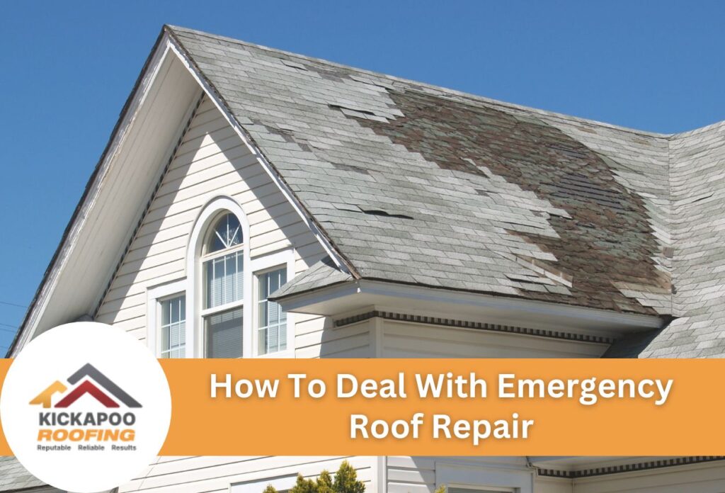 Damaged roof shingles on a house, highlighting emergency roof repair needs.