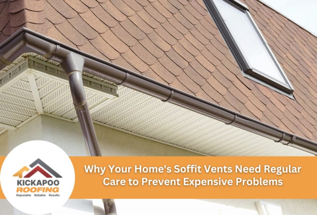 House roof with brown shingles, gutters, downspout and soffit vents visible